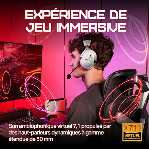 Casque gaming OXS Storm G2 sans fil pour PC et console - Son Ambiophonique Virtuel 7,1 - Autonomie de 40 heures - Blanc